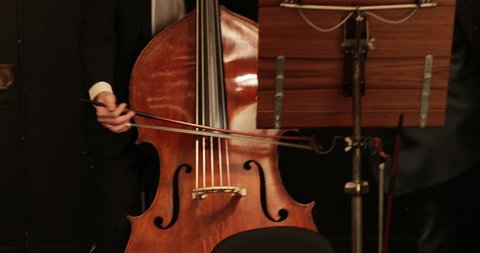 Musician playing violoncello in orchestra, warm up. professional cellist playing musical instrument in 4K