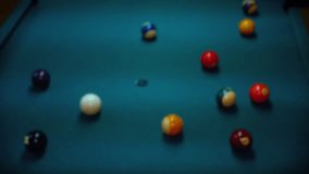 Billiard Pool and man with pool cue. Shooting balls in the blurred background. High detail video. Close-up chapture in 25fps.