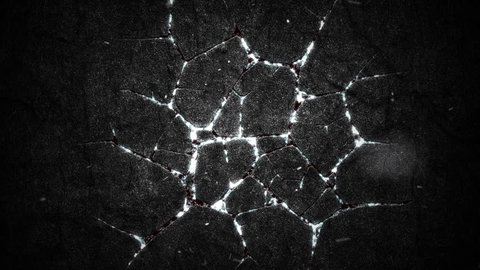 Abstract background with animation of burning fire or lava from cracks on stone surface and flying glowing particles. Animation of seamless loop.