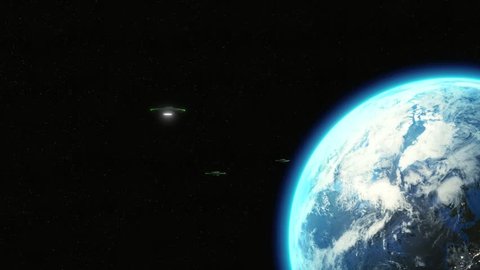 Animated UFOs flying from Earth - 3D 4K, metallic spaceships with green lights