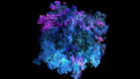 Color 3D smoke explosion shockwave effect and divergent wave isolated on black background. Colorful abstract smoke explosion animation. Top camera view from above. There is an alpha channel