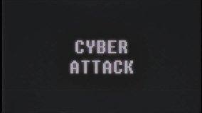 retro videogame CYBER ATTACK word text computer old tv glitch interference noise screen animation seamless loop New quality universal vintage motion dynamic animated background colorful joyful video