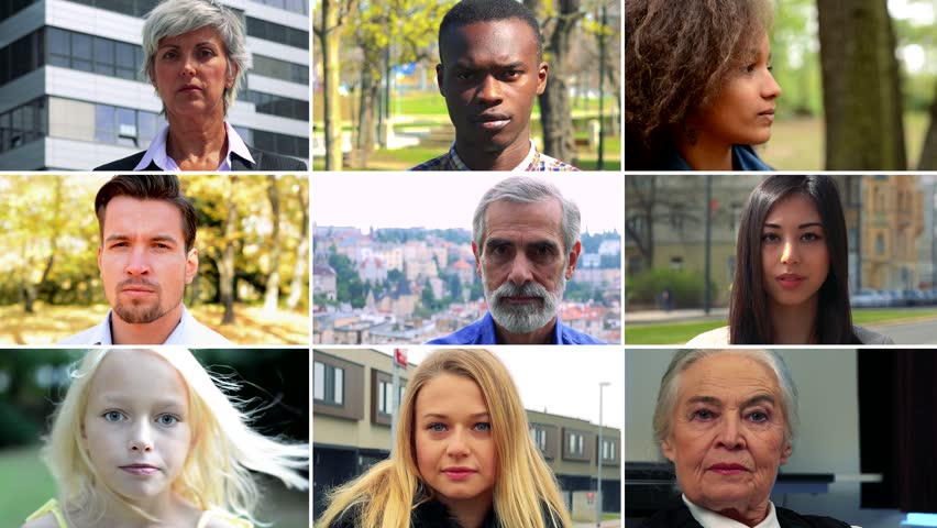 4K compilation (montage) - group of nine people look at the camera in various environments - face closeup