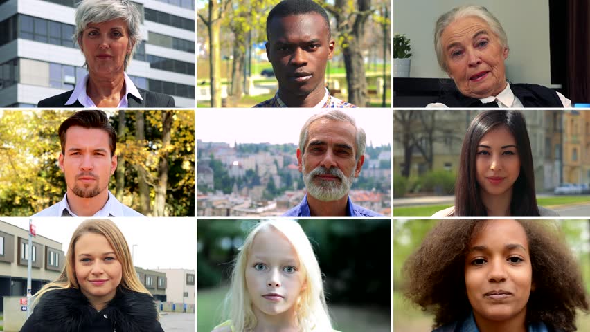 4K compilation (montage) - group of nine people talk to the camera in various environments - face closeup