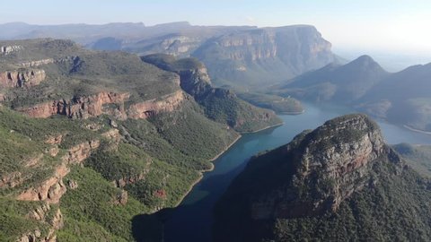 Flying over the vast Blyde River Canyon that lies in the Northern Drakensberg Mountains, part of the Panorama route in Mpumulanga, South Africa 