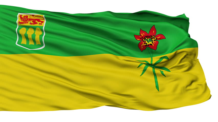 Saskatchewan flag, city of Canada, realistic animation isolated on white seamless loop - 10 seconds long (alpha channel is included)