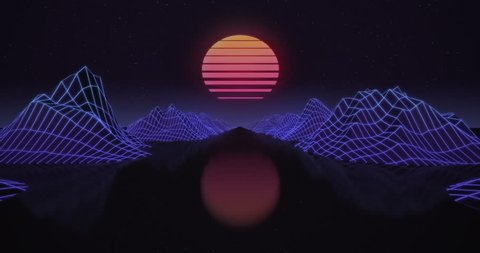 Retro futuristic motion graphics. Digital landscape moving in a cyber world. Retro Wave animation with sun, space, mountains and laser grid on terrain