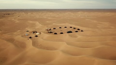 Flying over camping site in Sahara desert, Africa