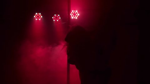 Two sexy girls with long flowing hair dancing around the pole in a night club by the light of red lights. Pole dance.