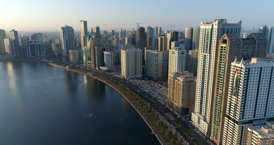 Panorama of the city from a bird's-eye view. Sharjah. Royalty-Free Stock Footage #1009504130