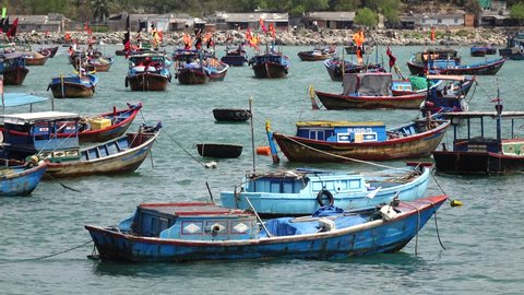 Nha Trang, Vietnam 05 May 2015- fishing village on the Sea. The ship landing on near shore
