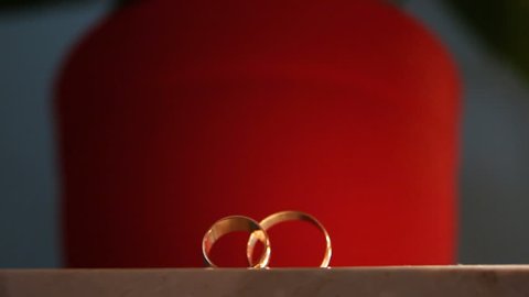 Wedding rings on red background