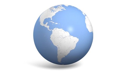 A stylized 4k resolution seamless looping 3-D animation of a rotating globe in a soft blue and white theme on a white background.