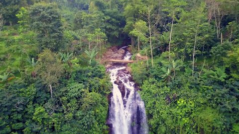 aerial pull away and tilt down shot with dron above beautiful Bali paradise waterfall and jungle rainforest in beautiful Asia travel destination and Summer vacations trip concept