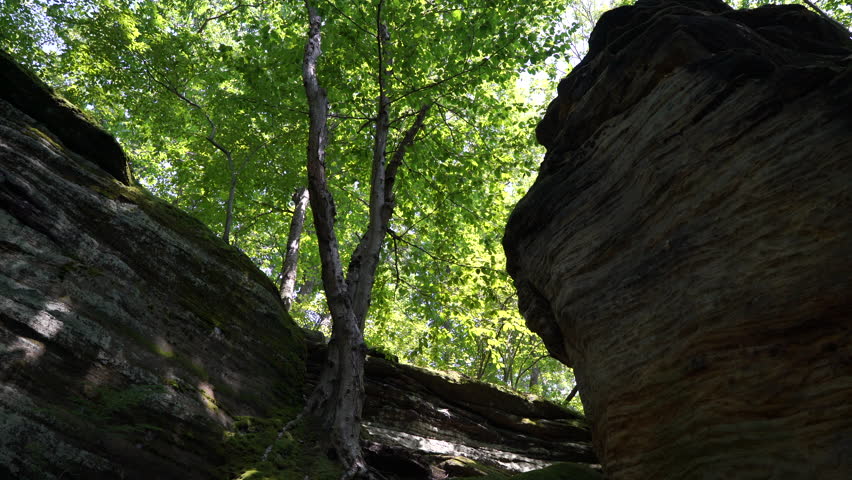 Pan Down from large rock outcrop in Cuyahoga Valley National Park