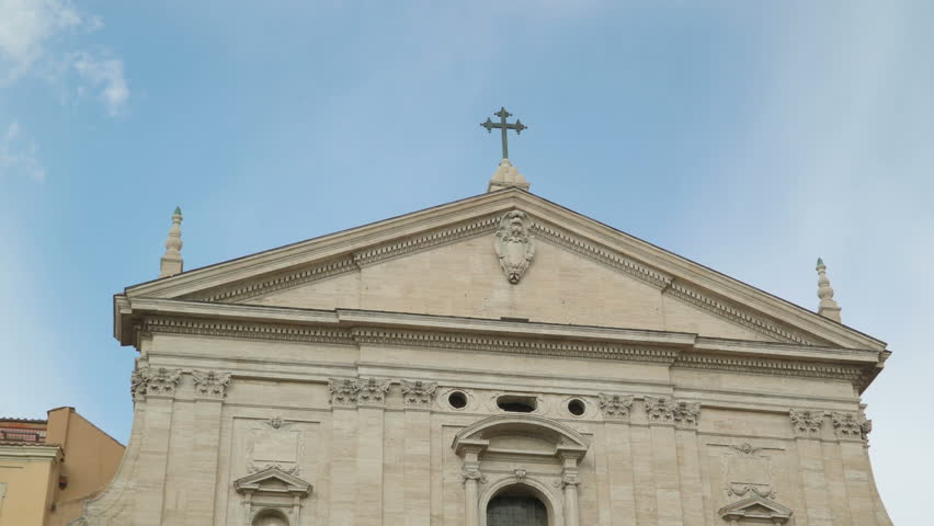 Closer view of the white old church of Chiesa Nuova in Rome Italy found on the streetside of the city