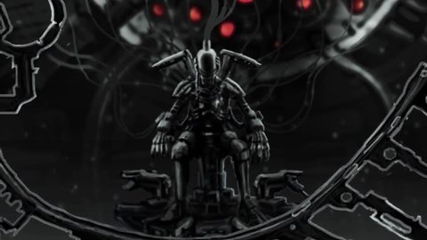 Alien astronaut sits in suit on his iron throne. Science fiction original character animation in front.