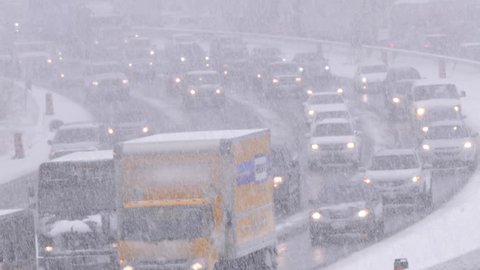 Waterloo, Ontario, Canada March 2018 Blizzard with traffic jam and highway gridlock in winter snow storm