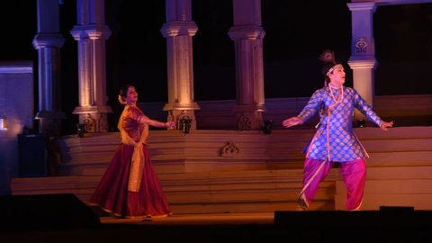KHAJURAHO, INDIA 23 FEBRUARY 2018 : Dancers wearing traditional dresses and perform classical dance during the Festival in India.