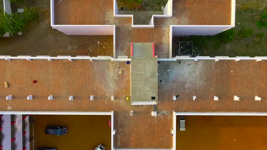 aerial shot of university campus building exterior 