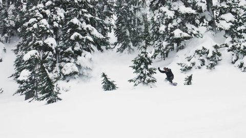 Man Snowboarding Through Trees Snow Turning Down Slope Spray Deep Powder in Air Crash Falling Blooper Winter Extreme Sports