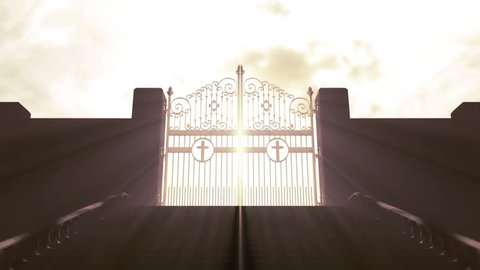 A depiction of the pearly gates of heaven opening with light emanating from the bright side contrasting with the duller foreground and a stairway leading up to it