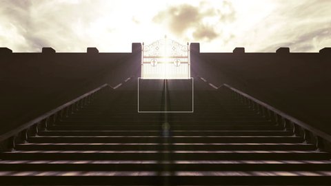 A depiction of the pearly gates of heaven opening with light emanating from the bright side contrasting with the duller foreground and a stairway leading up to it