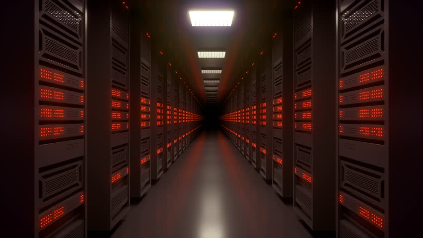 Loop-ready tracking shot of an endless data center server room with faulty red LED lights. Royalty-Free Stock Footage #1009602215
