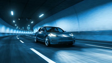 Modern Electric car rides trough tunnel with cold blue light style