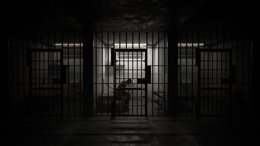Depressed criminal sitting behind bars in old grunge prison cell. Royalty-Free Stock Footage #1009622900
