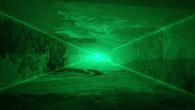 Hazy green laser light tunnel shines through an empty room. Can be used for club/concert atmosphere, as well as spy and sci-fi. Abstract laser light tunnel background plate. Alpha matte.