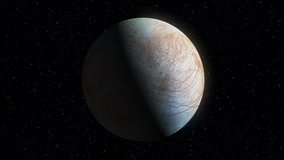 Loopable: Hi-res 3D image of Europa, moon of Jupiter, gently rotates against stars in space. Elements of this clip furnished by NASA.  