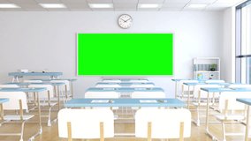School classroom with desks and blackboard with track green screen