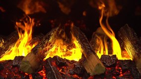 Fire burning in fireplace with woods close up view