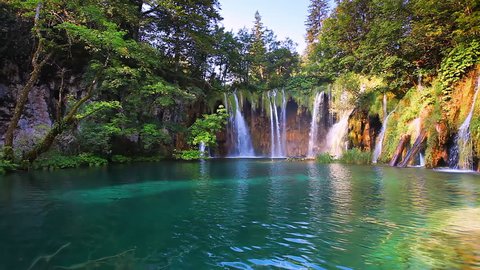 Amazing view on turquoise water. Location famous resort Plitvice Lakes National Park, Croatia, Europe. Scenic footage of popular tourist attraction. Discover the beauty of earth. Full HD 1080p video.