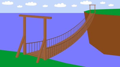 Suspension wooden hanging bridge assembling cartoon animation on green screen chromakey with alpha mask