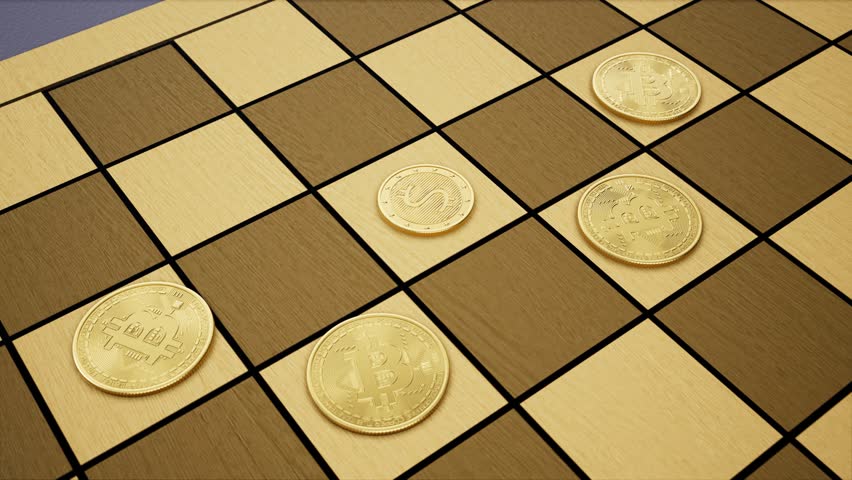 Dollar and BTC coins on chess board, dominating bitcoin, fly above 3d animation
