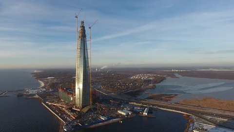 Saint-Petersburg, Lakhta / Russia-February 15, 2018: Aerial survey, Flight above the construction site where the Lakhta skyscraper of the Center is to be erected, Object to prepare for the World Cup 
