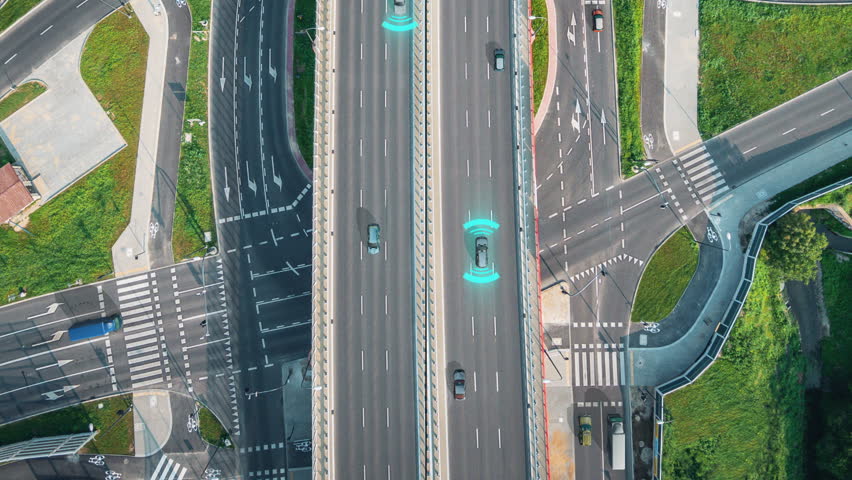 Motion graphics 4k animation composition of a highway aerial view with autonomous cars that showing the lidar-radar system and sensor operating through the traffic. Royalty-Free Stock Footage #1009653314