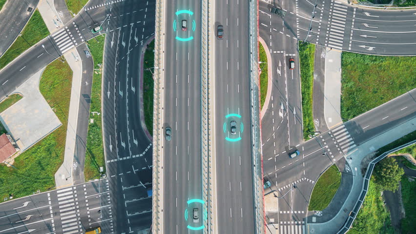 Motion graphics 4k animation composition of a highway aerial view with autonomous cars that showing the lidar-radar system and sensor operating through the traffic.