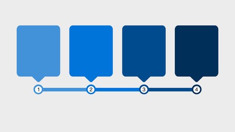 Alpha channel. Timeline diagram template. Flowchart infographic with 4 square and step in blue color. Layout for text and data. Use for business presentations, banners, financial reports.