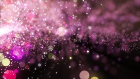Space pink background with particles. Space pink dust with stars on black background. Sunlight of beams and gloss of particles galaxies.