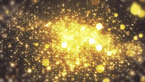 Background gold movement. Universe gold dust with stars on black background. Motion abstract of particles. VJ Seamless loop.