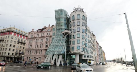 PRAGUE, CZECH REPUBLIC, CIRCA JANUARY 2018 - Deconstructionist ultra modern building by Frank Gehry Dancing House in 4K