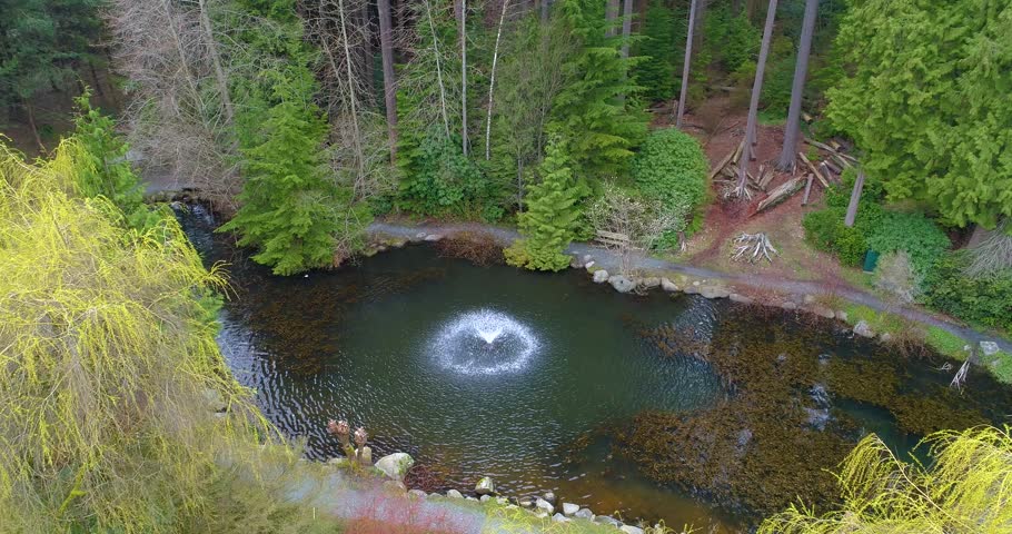 Aerial view of a small pond with fountain and trees around in Vancouver, Canada park.