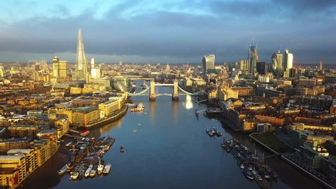 London, United Kingdom - Aerial skyline view of East London at sunrise with famous Tower Bridge, skyscrapers of Bank district and other famous landmarks