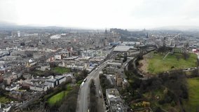 Aerial drone footage of City of Edinburgh, Scotland 