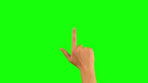 Gestures chroma key pack. 20 Gestures at green screen background. Man hand close up showing multitouch gestures for touch screen: click, zoom, vertical, horizontal slide, scrolling. 100% green screen.