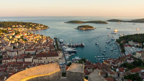 Day to Night Time Lapse of Hvar Town, Croatia. Hvar is a city and port on the island of Hvar, part of Split-Dalmatia, Croatia. Hvar has a history as center for Croatia trade, culture and travel.