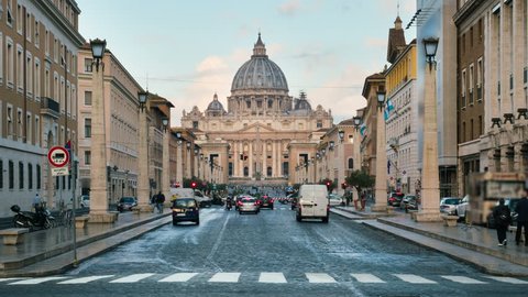 Time lapse of St Peter 's Basilica in Vatican , Rome , Italy . St. Peter's is a church built in the Renaissance style located in the Vatican City . Italian famous landmark of Vatican and Rome .
